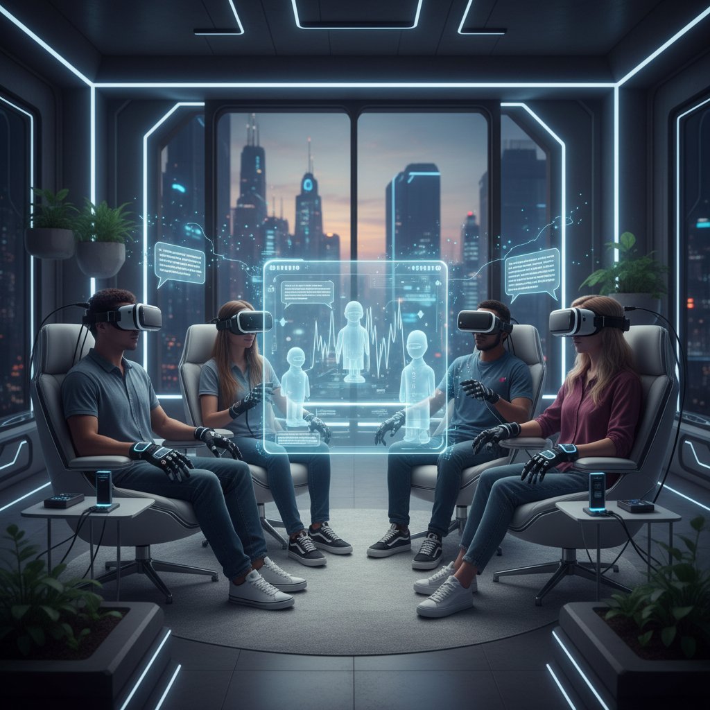 Grupa ludzi w goglach VR rozmawiająca online, nowoczesna technologia i atmosfera przyszłości