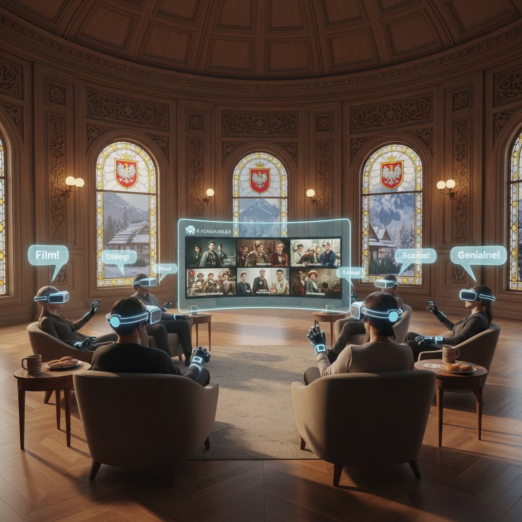 Osoby z goglami VR rozmawiające o filmie w wirtualnym salonie, nowoczesna technologia, polski klimat