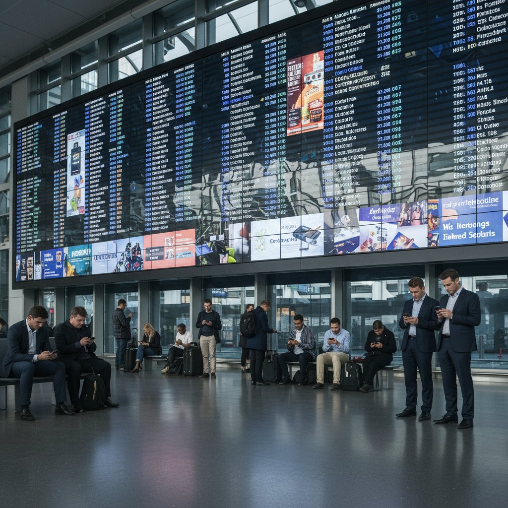 Grupa ludzi oczekujących pod cyfrową tablicą, zapatrzeni w smartfony, atmosfera oczekiwania i niepewności