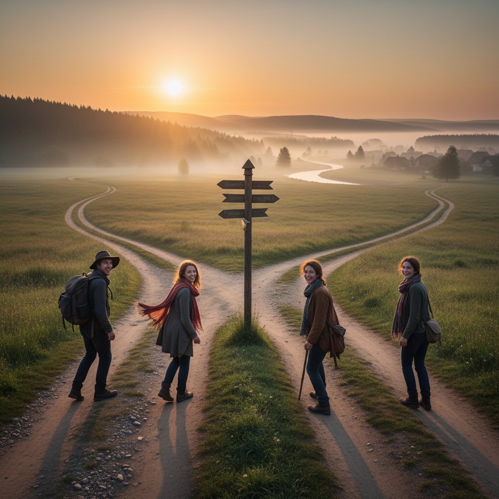 Nowy początek w relacjach – ludzie odchodzący od rozdroża, każdy na własnej ścieżce, światło świtu