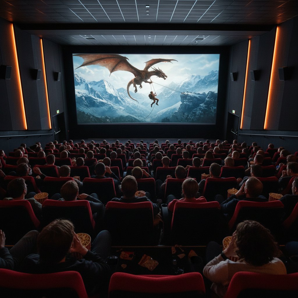 People watching adventure movie in a theater, experiencing thrill and suspense, cinematic lighting