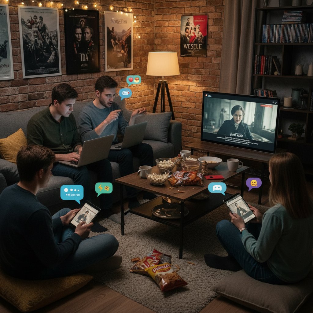 Ludzie oglądający film na laptopie podczas internetowej dyskusji, z widocznym polskim menu