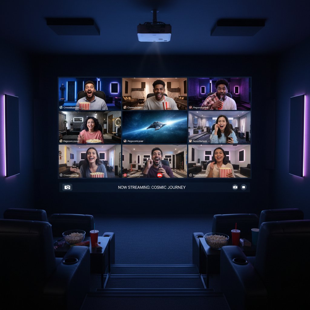 Grupa osób oglądająca film online przez wideorozmowę, atmosfera wspólnoty filmowej