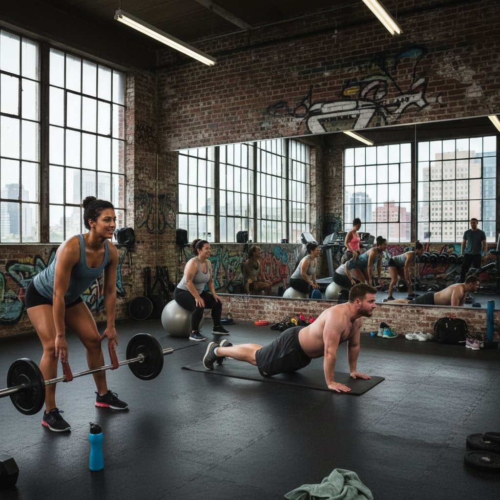 Ludzie ćwiczący w miejskiej siłowni, różnorodne ciała, autentyczna atmosfera, słowa kluczowe: trening na płaski brzuch, presja społeczna