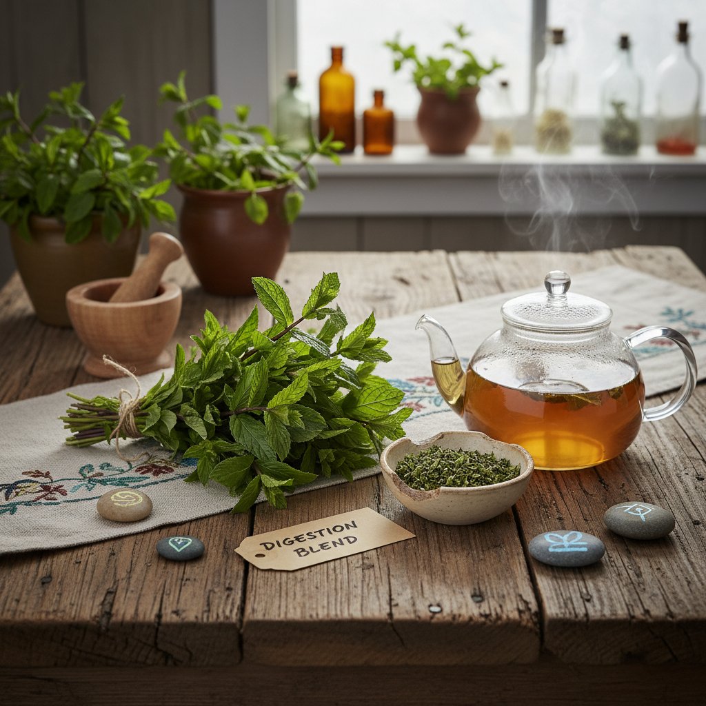 Świeża mięta pieprzowa na rustykalnym stole – naturalny sposób na trawienie