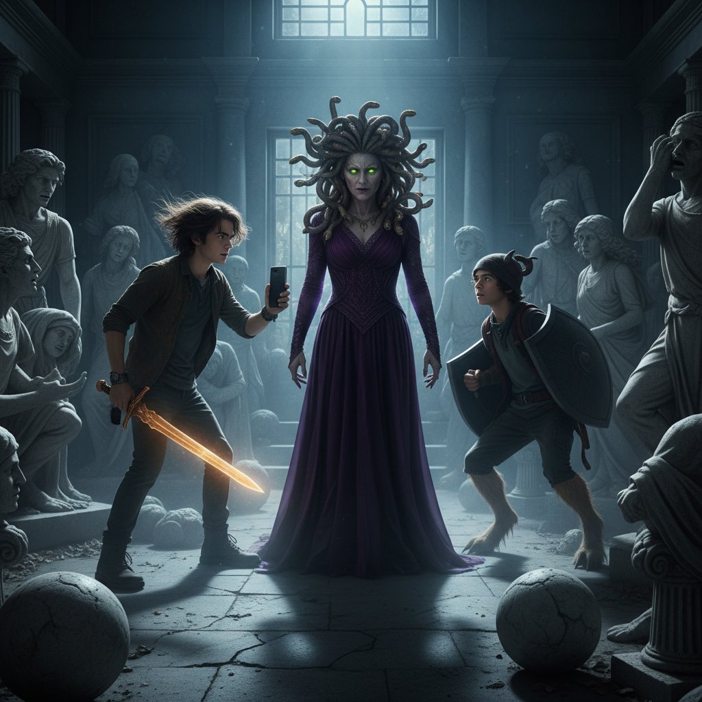 Split-screen image comparing a key scene from Percy Jackson book and the film adaptation, illustrating differences in tone and style