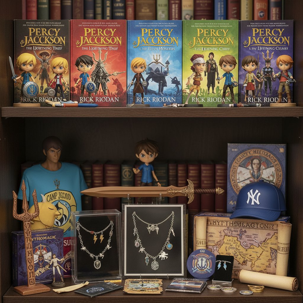 Flat-lay photo of Percy Jackson memorabilia, including books, movie merchandise, and fan-made items