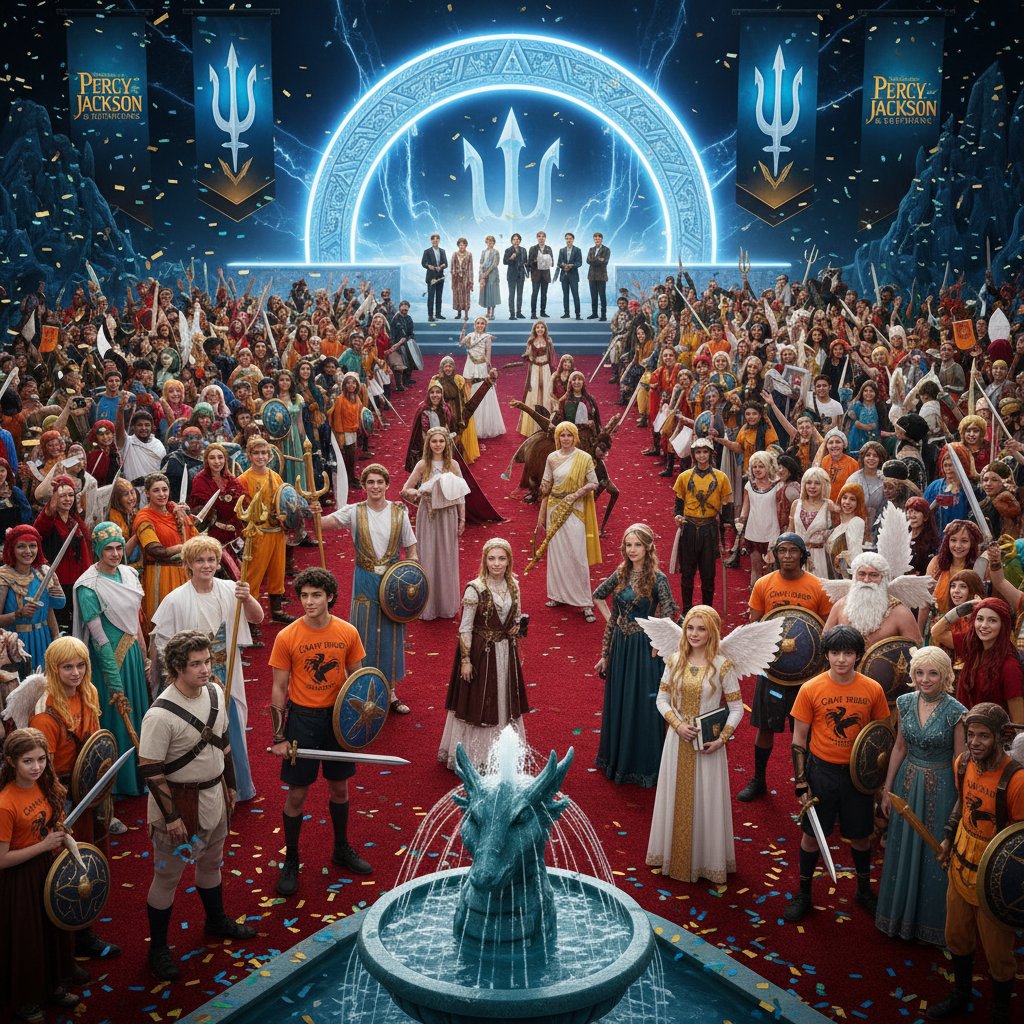 Fans dressed as Percy Jackson characters at movie premiere night, showing cosplay costumes and excitement outside theater