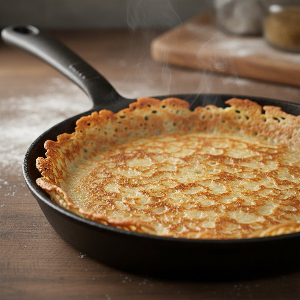 Zbliżenie na idealnie usmażony, cienki naleśnik z chrupiącymi brzegami na patelni