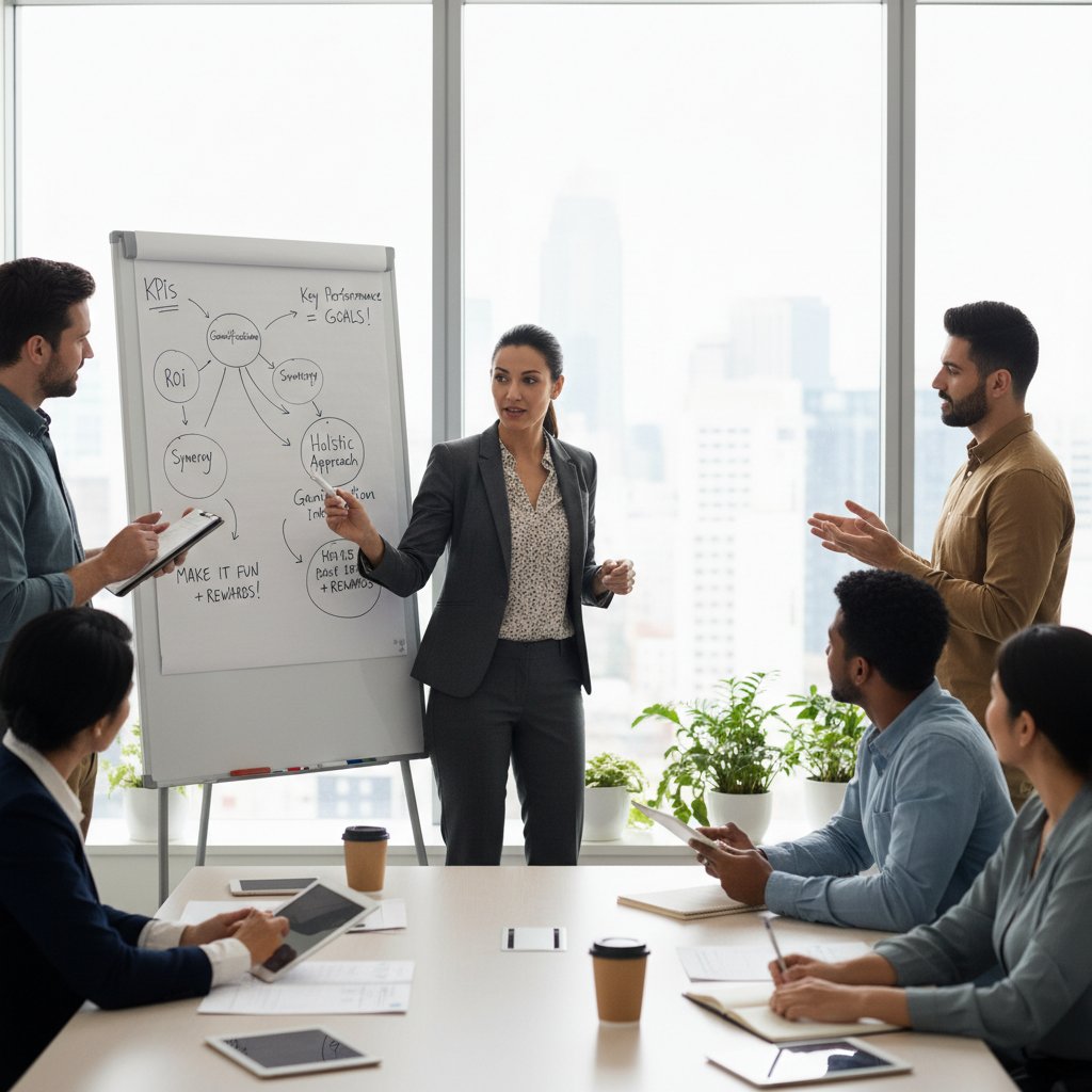 Photo of a performance coordinator explaining digital workflow terms on a whiteboard to a diverse team