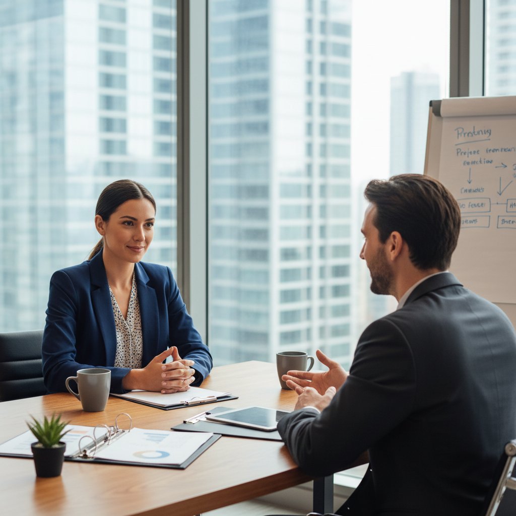 Photo of a performance coordinator candidate in a job interview, displaying both confidence and humility