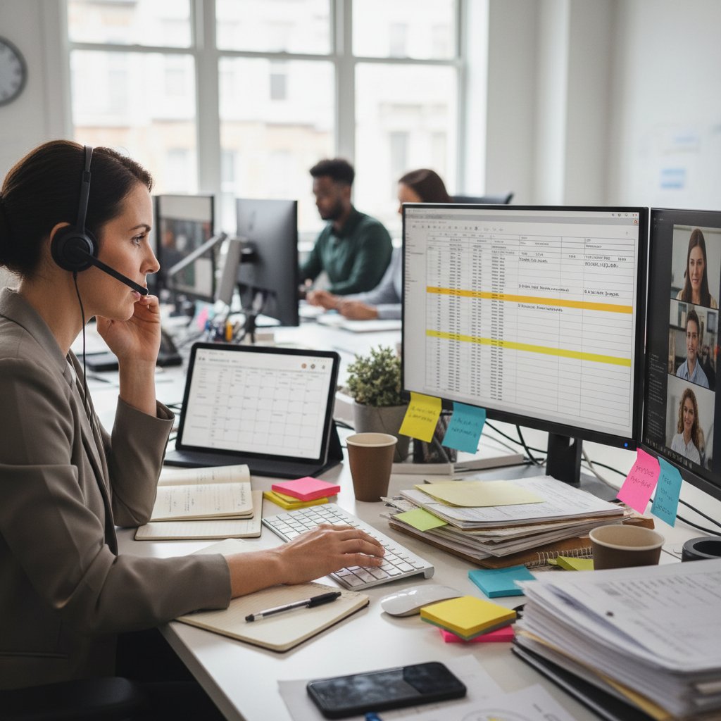 Photo of a performance coordinator multitasking at a desk, surrounded by laptops, charts, and team members discussing