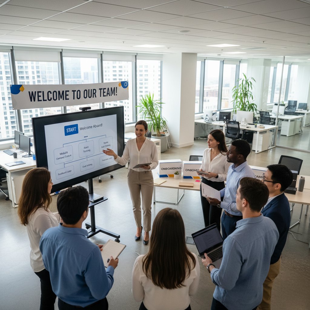 Photo of a performance coordinator’s first team huddle, with welcoming team members