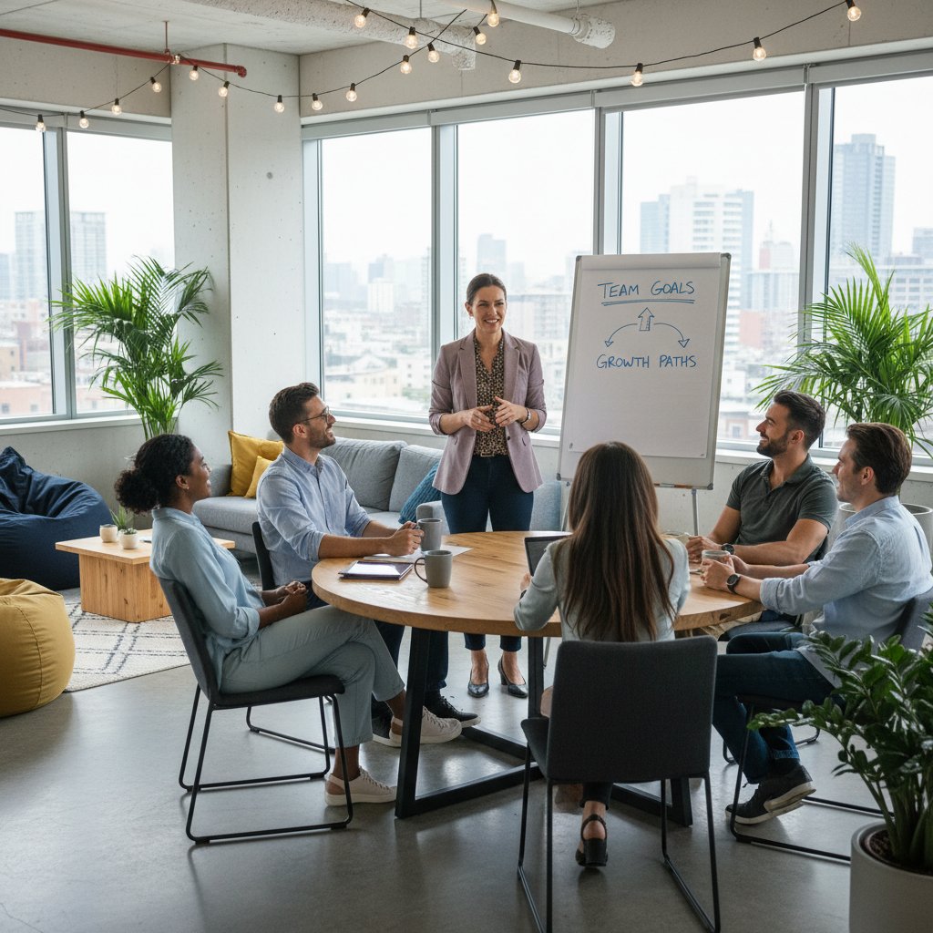 Photo of a performance coordinator informally guiding a team member in a relaxed office corner, representing invisible influence