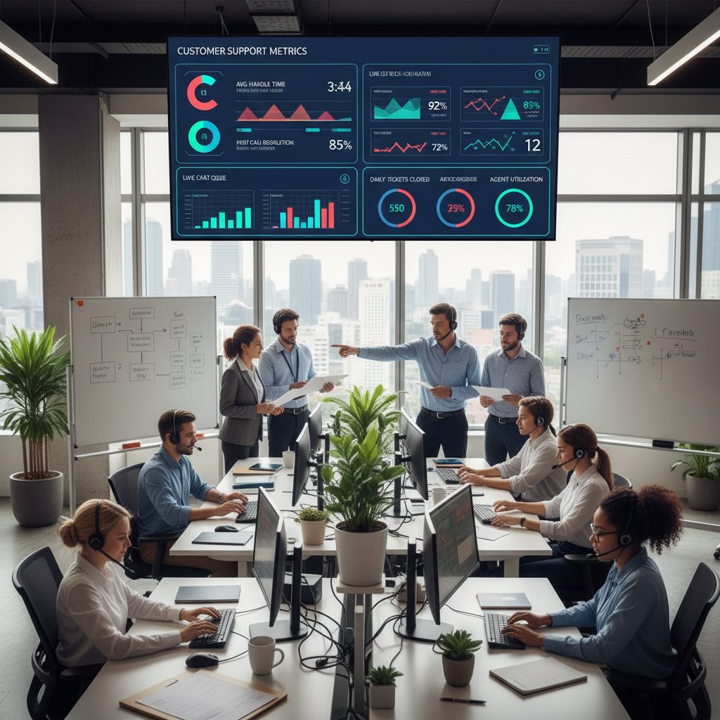 Wyświetlacz z wskaźnikami efektywności obsługi zgłoszeń na tle biura