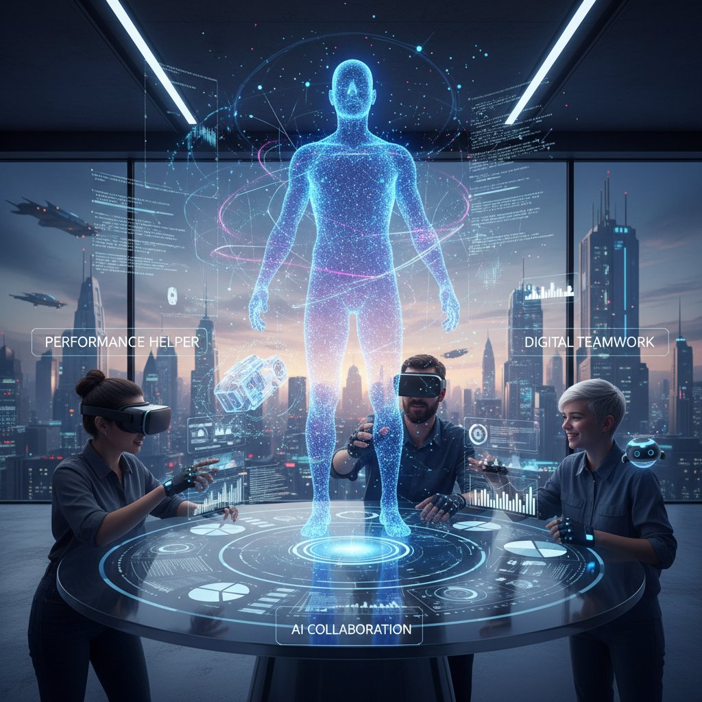 Modern office team collaborating with a glowing AI figure, representing digital teamwork and performance helpers