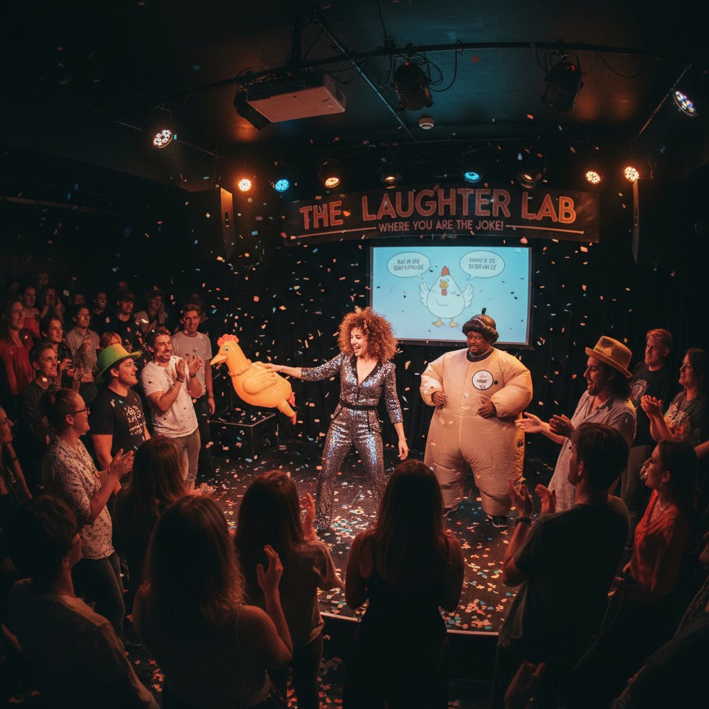 Performer engaging viewers in an experiential comedy setting with involvement and laughter