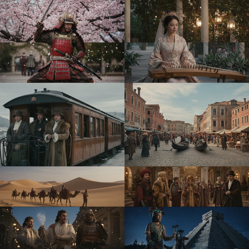 Collage of scenes from diverse period movies across cultures and genres, highlighting playlist variety