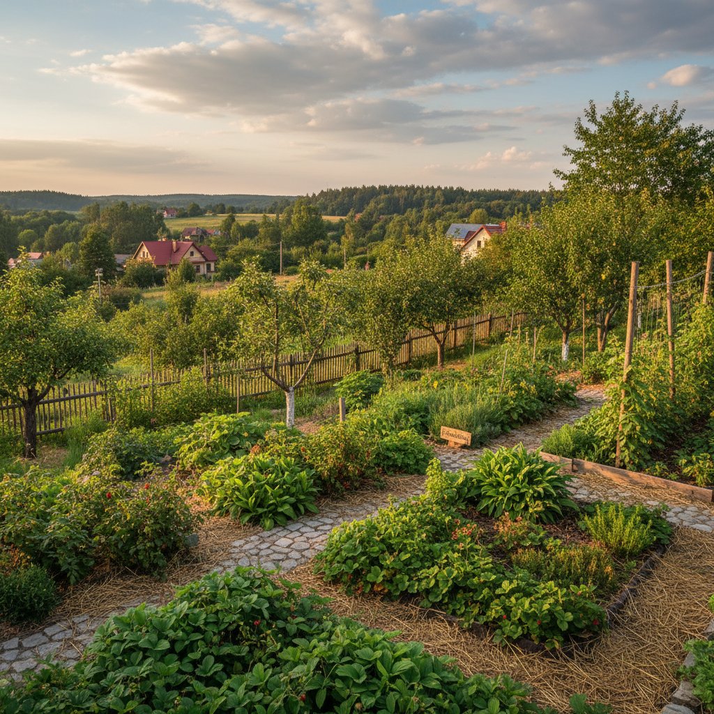 Ekologiczny ogród permakulturowy z warstwami roślin, polskie warunki, letni dzień