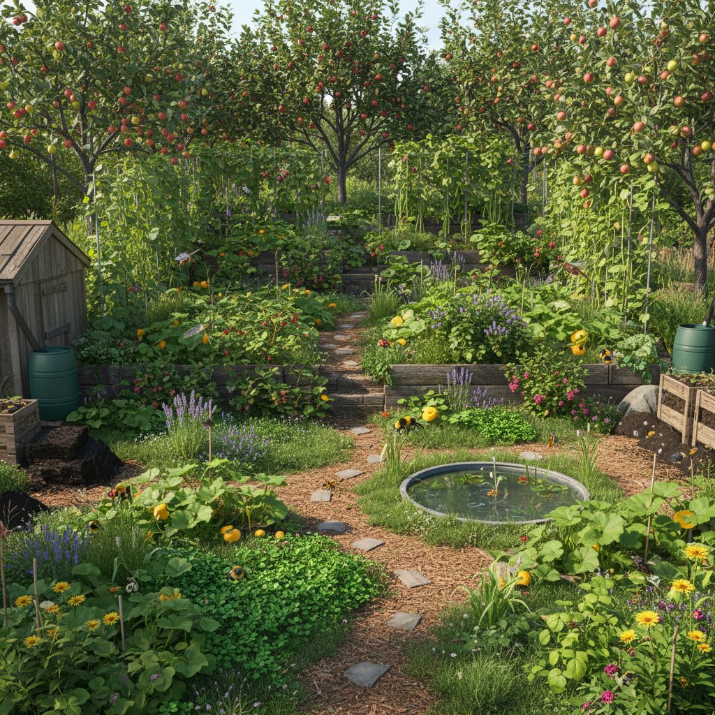 Ekosystem ogrodu z warstwami roślin odstraszających, pułapkowych oraz z domkami dla owadów