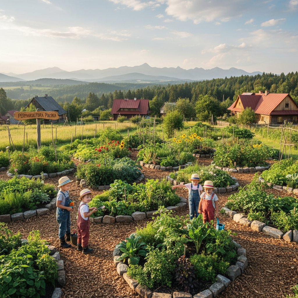 Nowoczesny ogród permakulturowy, spiralne grządki, młodzi ogrodnicy, Polska