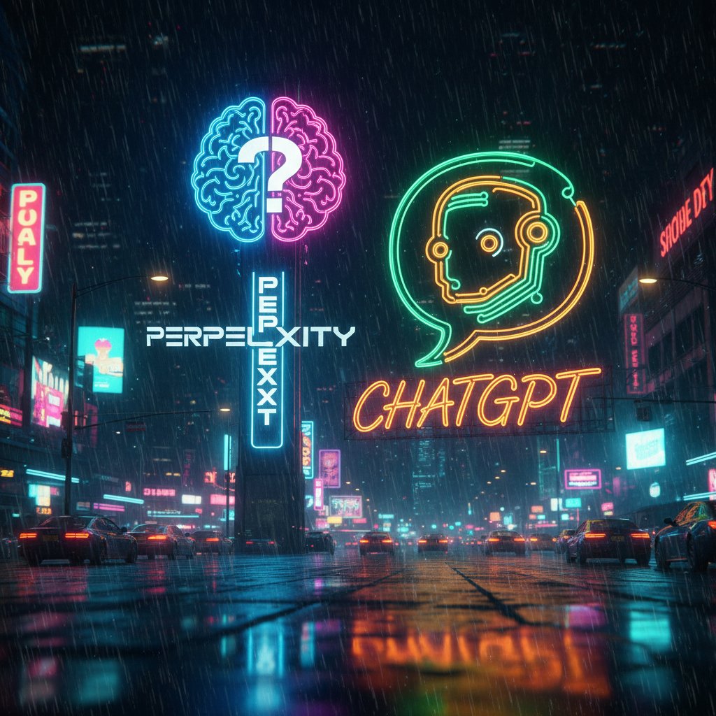 Kontrastowe zdjęcie dwóch osób, jedna trzyma laptop z logo Perplexity, druga z logo ChatGPT, neonowe światła