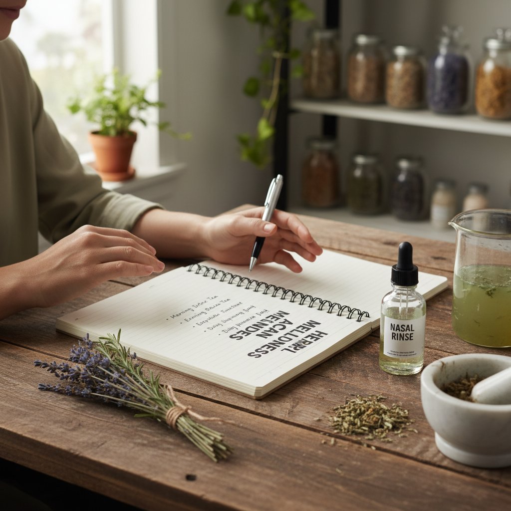 Osoba przygotowująca plan działania z notatnikiem, na stole leżą zioła i sól fizjologiczna