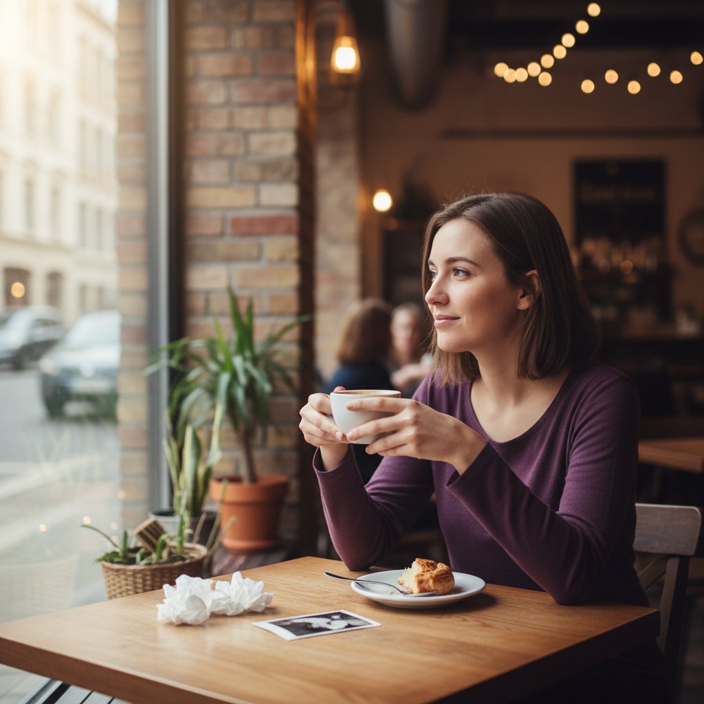 Person after a tough but clarifying breakup, sitting alone at a café, looking contemplative and relieved