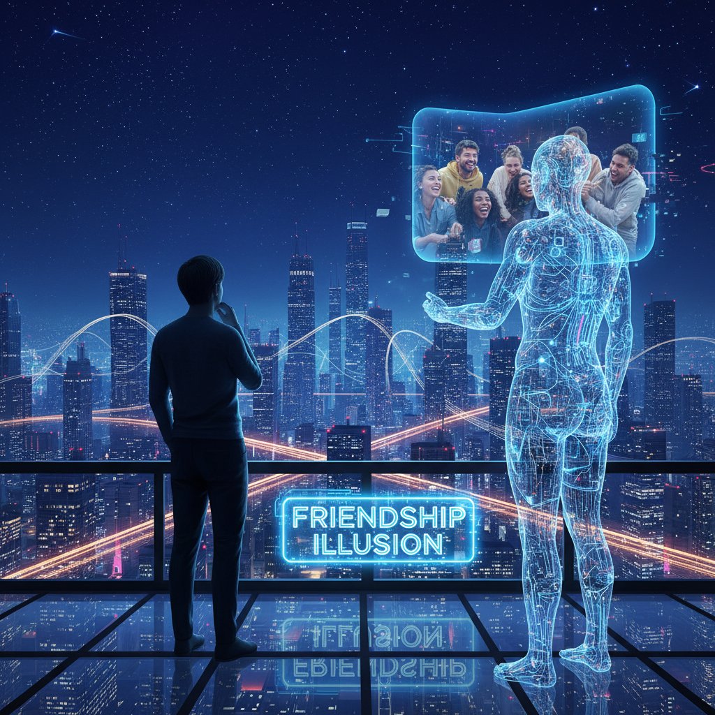 Osoba zamyślona podczas rozmowy z AI na tle wieczornego miasta – refleksja nad granicą przyjaźni