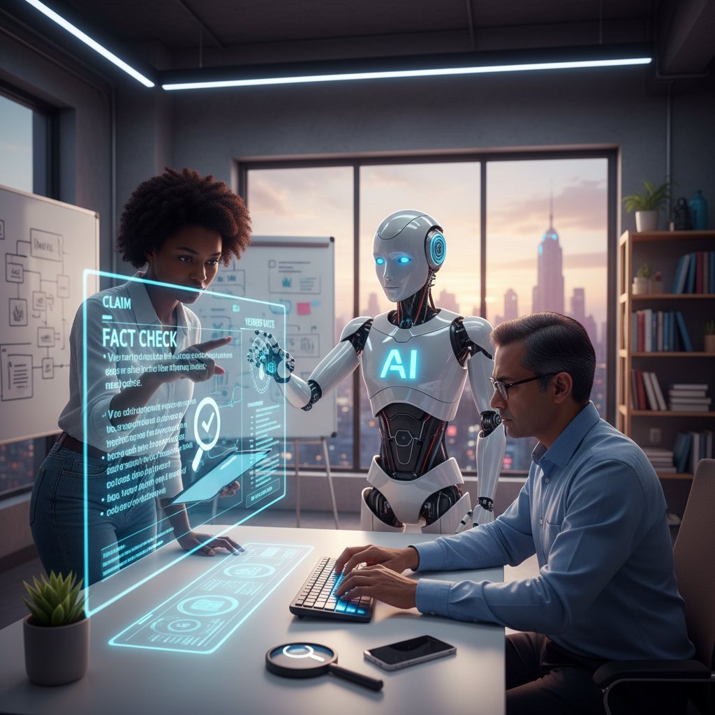 Ilustracja: człowiek i AI współpracują przy komputerze, analiza źródeł online