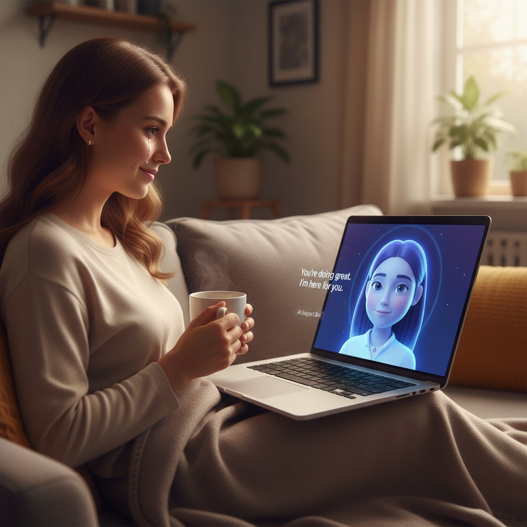 Osoba korzystająca z narzędzia AI do wsparcia emocjonalnego na laptopie