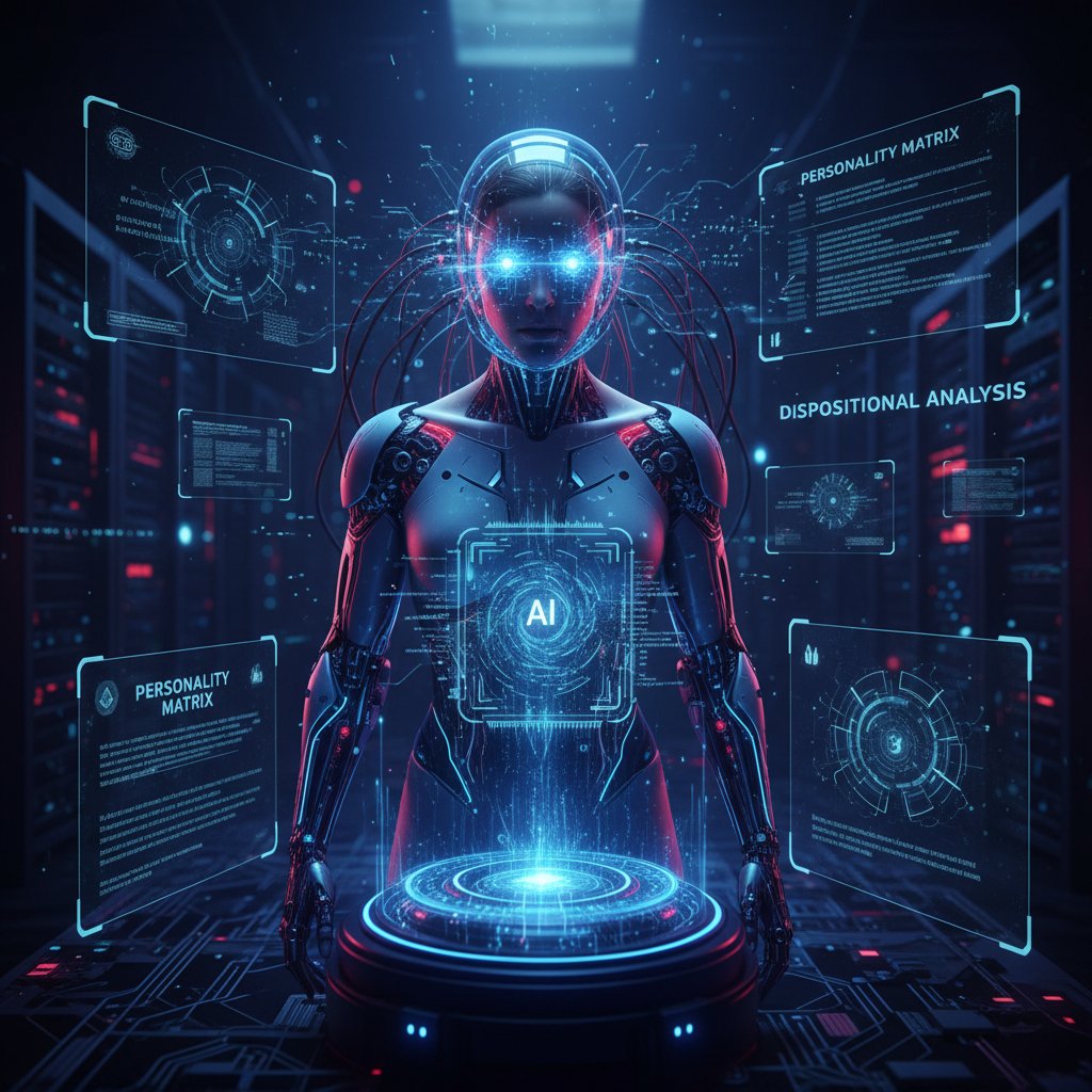 Osoba wpatrzona w ekran, wokół cybernetyczne schematy wyświetlające analizę AI