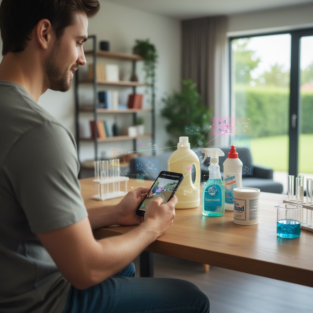 Osoba korzystająca z aplikacji AI do analizy chemicznej produktów w domu, smartfon w ręku, półka z chemią domową