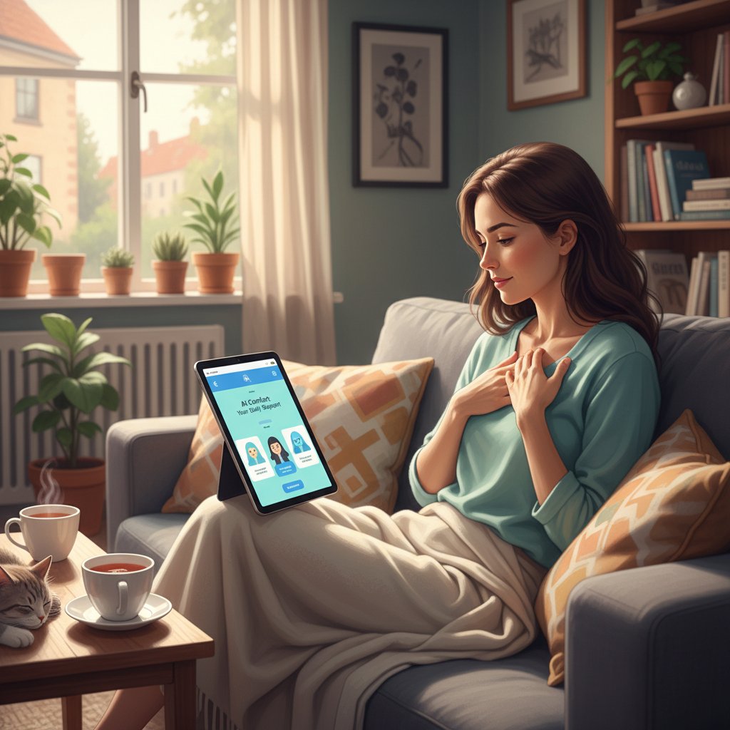 Osoba korzystająca z aplikacji AI w domowym zaciszu, poczucie bezpieczeństwa, wsparcie online