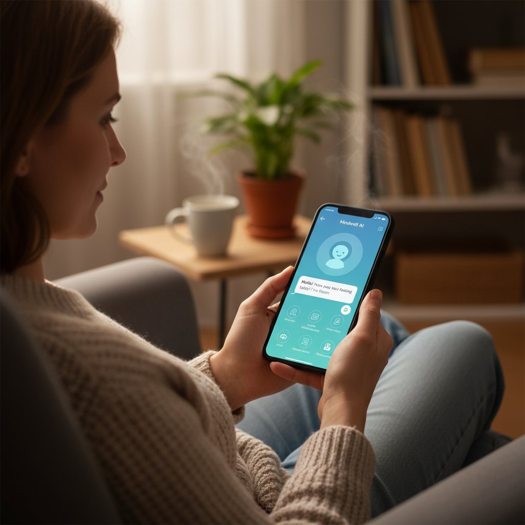 Osoba korzystająca z aplikacji AI na smartfonie, symbol wsparcia technologicznego w zdrowiu psychicznym