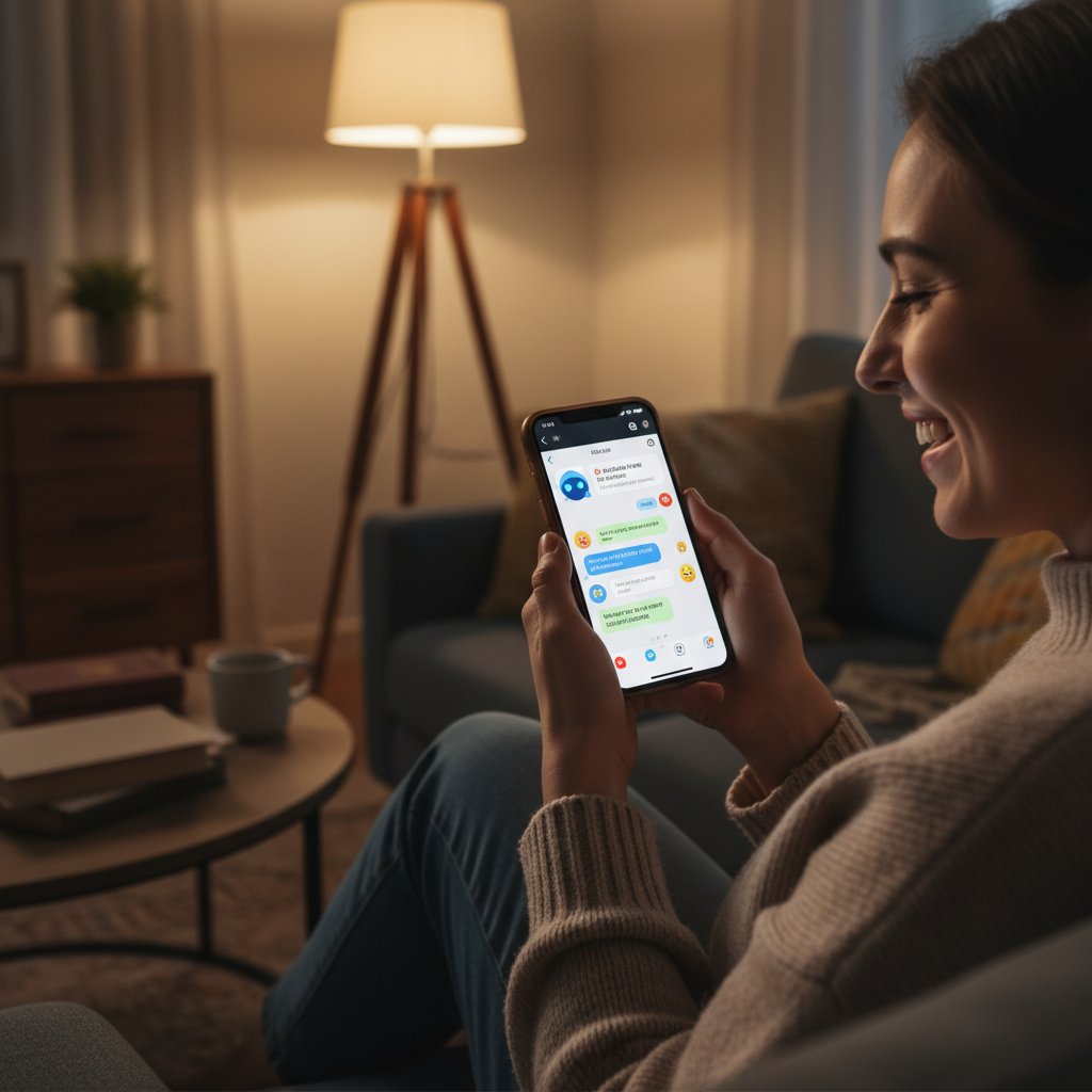 Osoba korzystająca z aplikacji AI na smartfonie, uśmiechnięta twarz, keywords: AI, znajomości online, rozmowy