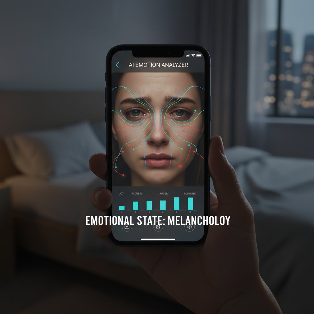 Osoba korzystająca z aplikacji AI na smartfonie, interfejs z analizą emocji i sugestiami