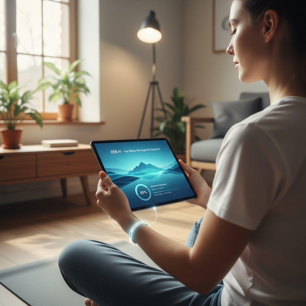 Osoba korzystająca z aplikacji AI do zarządzania stresem – nowoczesna chronemika