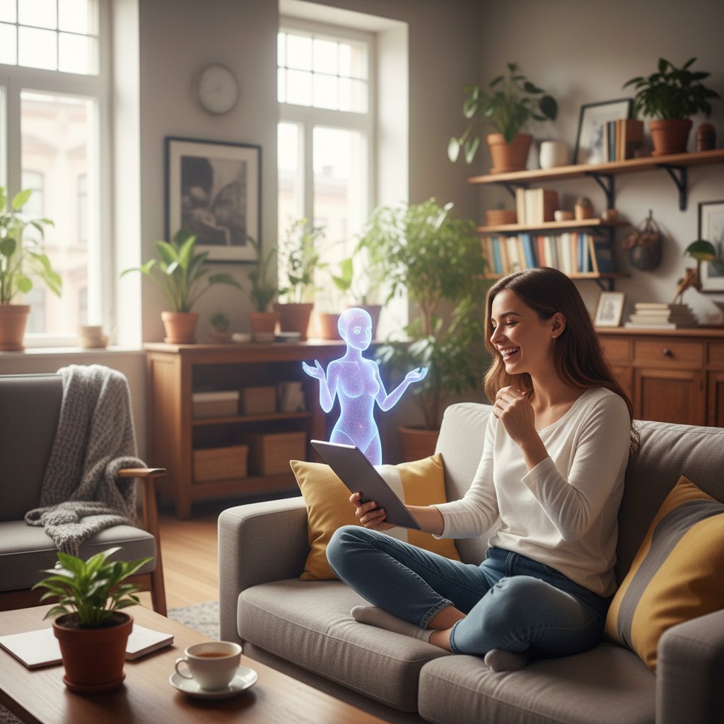 Osoba rozmawiająca z asystentem AI w domu, atmosfera codzienności, słowa kluczowe AI relacje