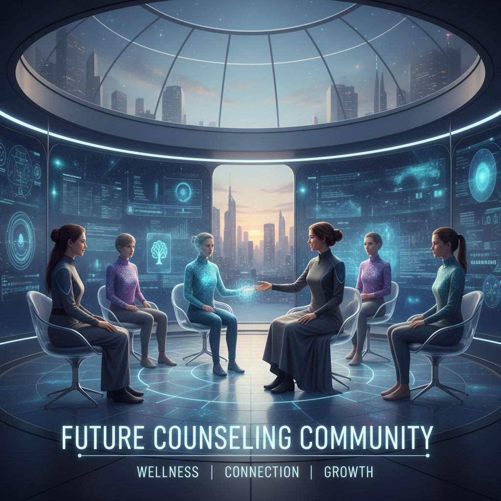 Innovative Szene: Mensch interagiert mit KI-Avatar, Community im Hintergrund, Thema Zukunft der Lebensberatung