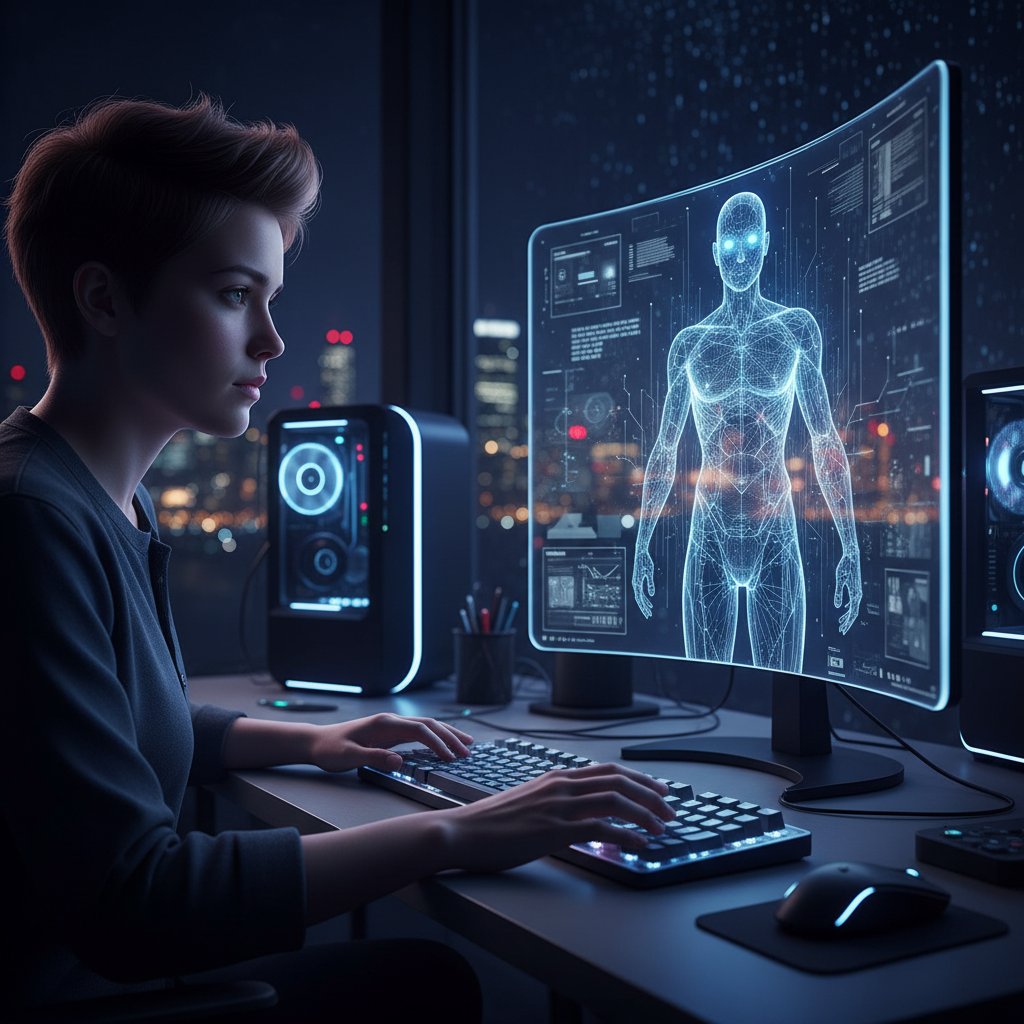 Osoba siedzi przy komputerze, na ekranie widoczny awatar AI rozmówcy