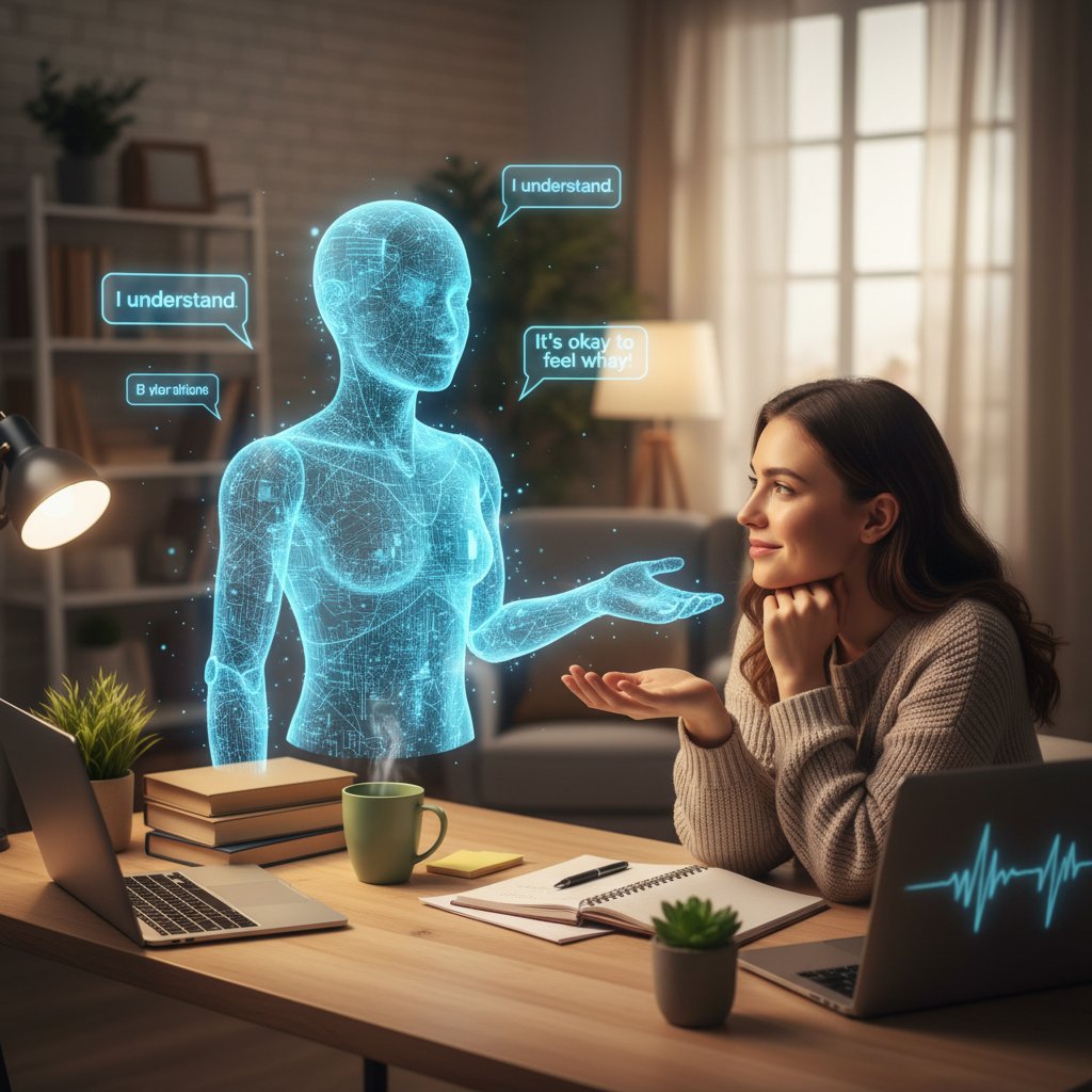 Osoba rozmawiająca z awatarem AI przy biurku w domowym zaciszu, keywords: psychologia rozmów AI, wsparcie emocjonalne, nauka przez dialog