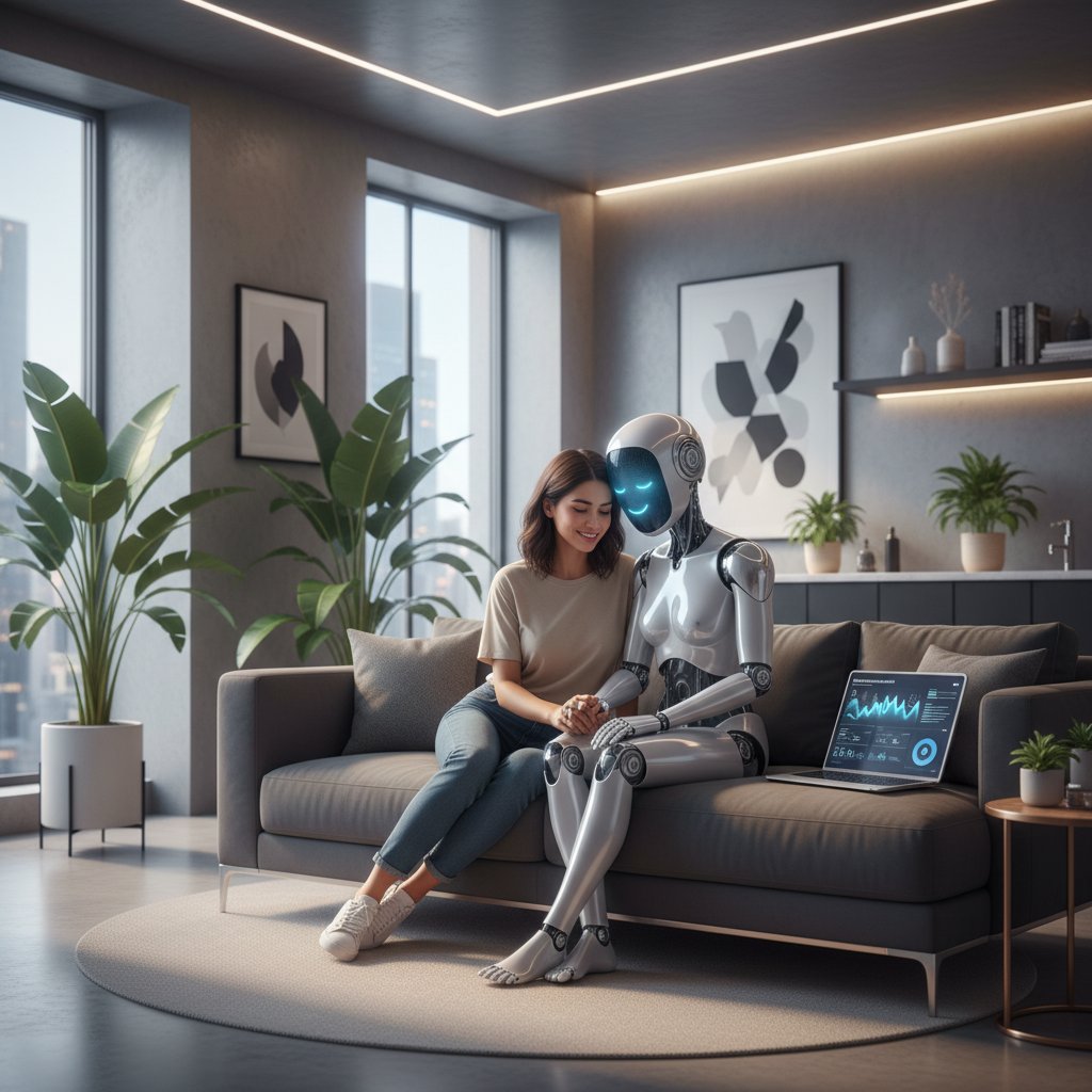 Młoda osoba rozmawia z wirtualnym chłopakiem AI na smartfonie, intymne wsparcie emocjonalne, nowoczesny pokój