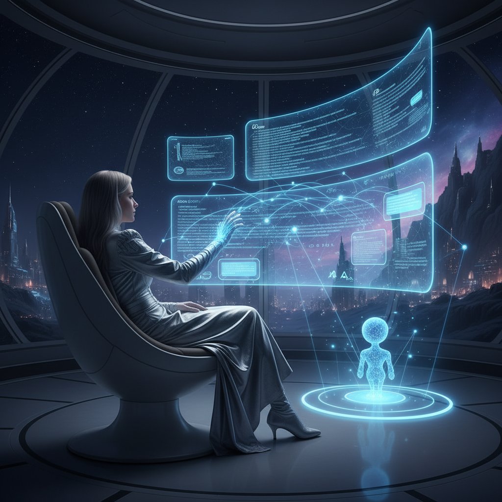 Osoba korzystająca z nowoczesnych technologii AI do rozmów online, na tle futurystycznych ekranów