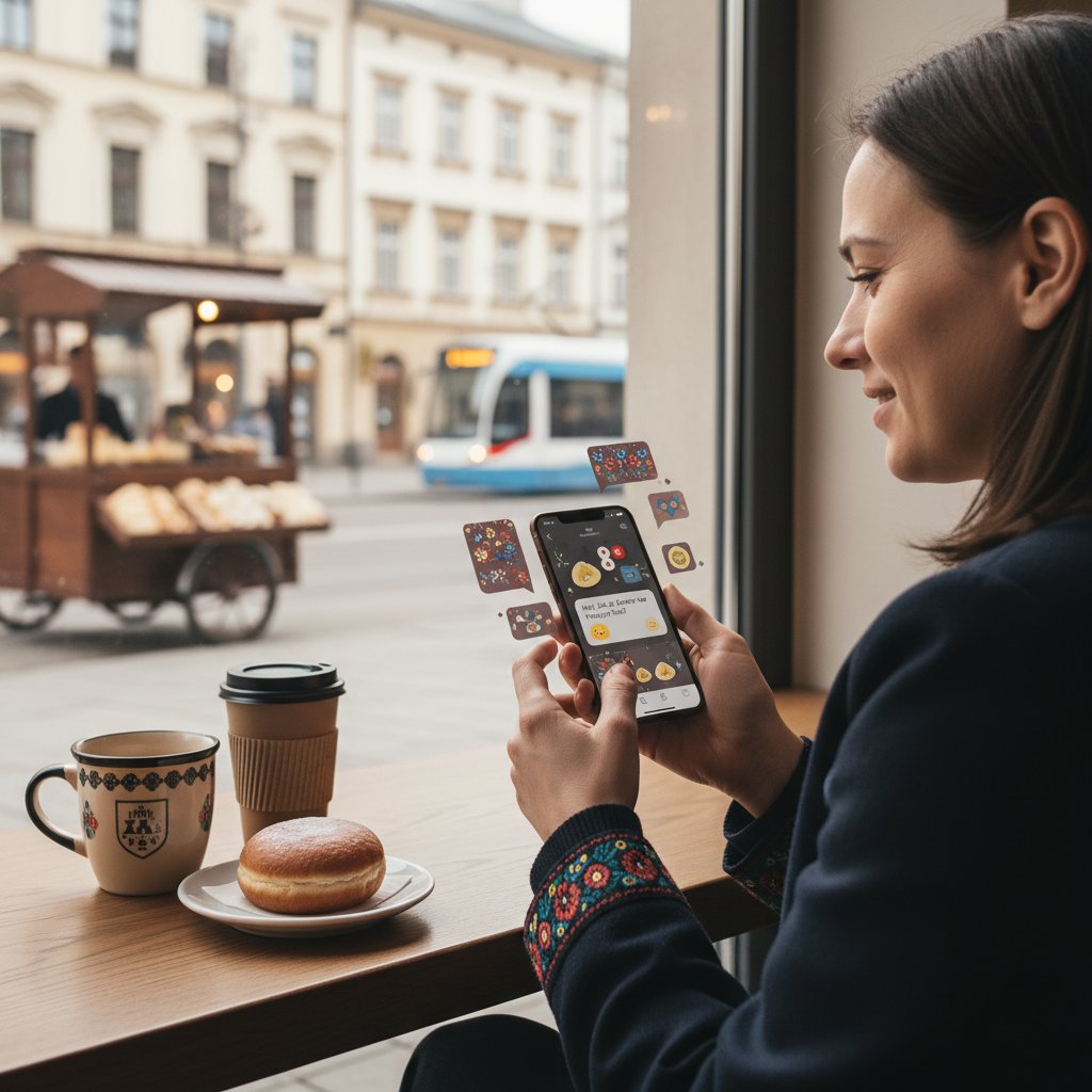 Osoba rozmawiająca z AI na smartfonie, w tle elementy polskiej kultury, nowoczesność i tradycja