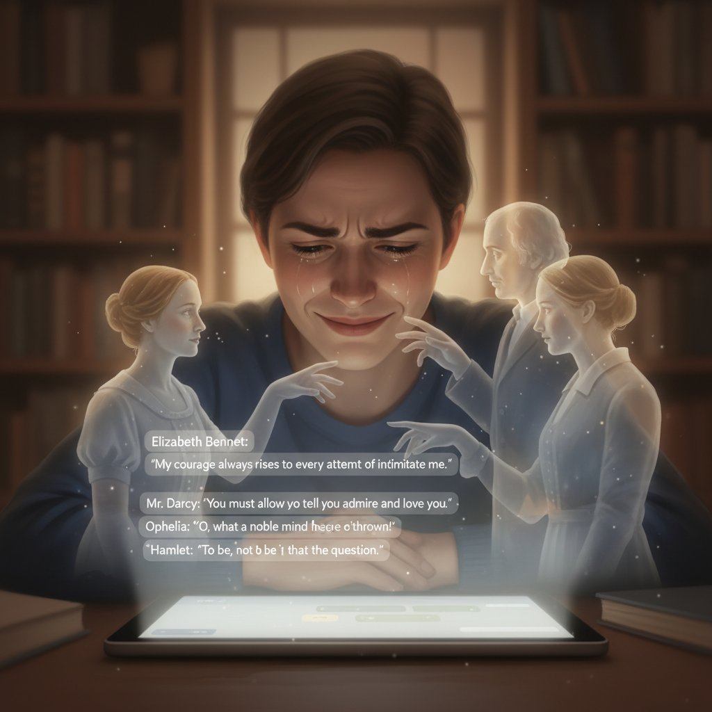 Osoba zanurzona w rozmowie z AI, wyraz emocji na twarzy, w tle rozmyte postaci literackie