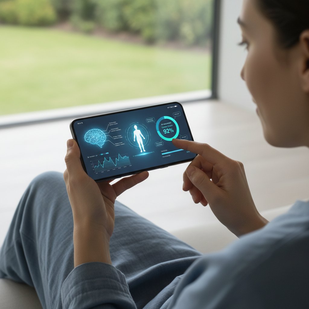 Osoba korzystająca z AI do analizy zdrowotnej, spokojna mina, interfejs aplikacji na ekranie smartfona