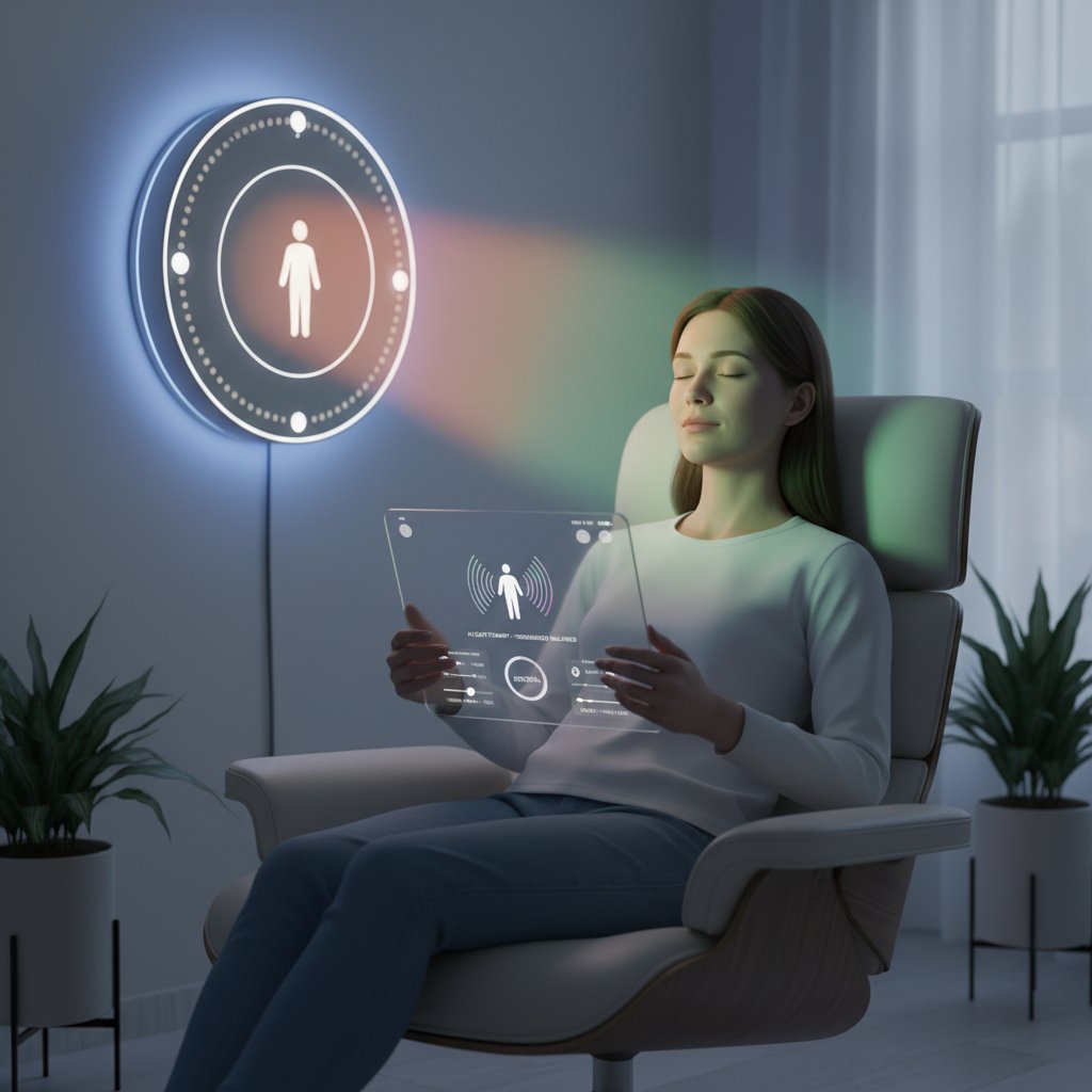 Osoba korzystająca ze spersonalizowanej aplikacji zdrowotnej podczas sesji fototerapii