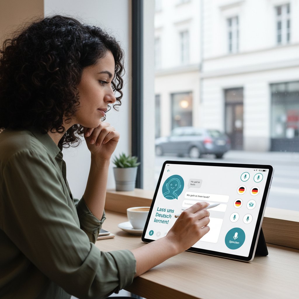 Osoba korzystająca z aplikacji AI do nauki niemieckiego, nowoczesny interfejs, dynamiczny kadr
