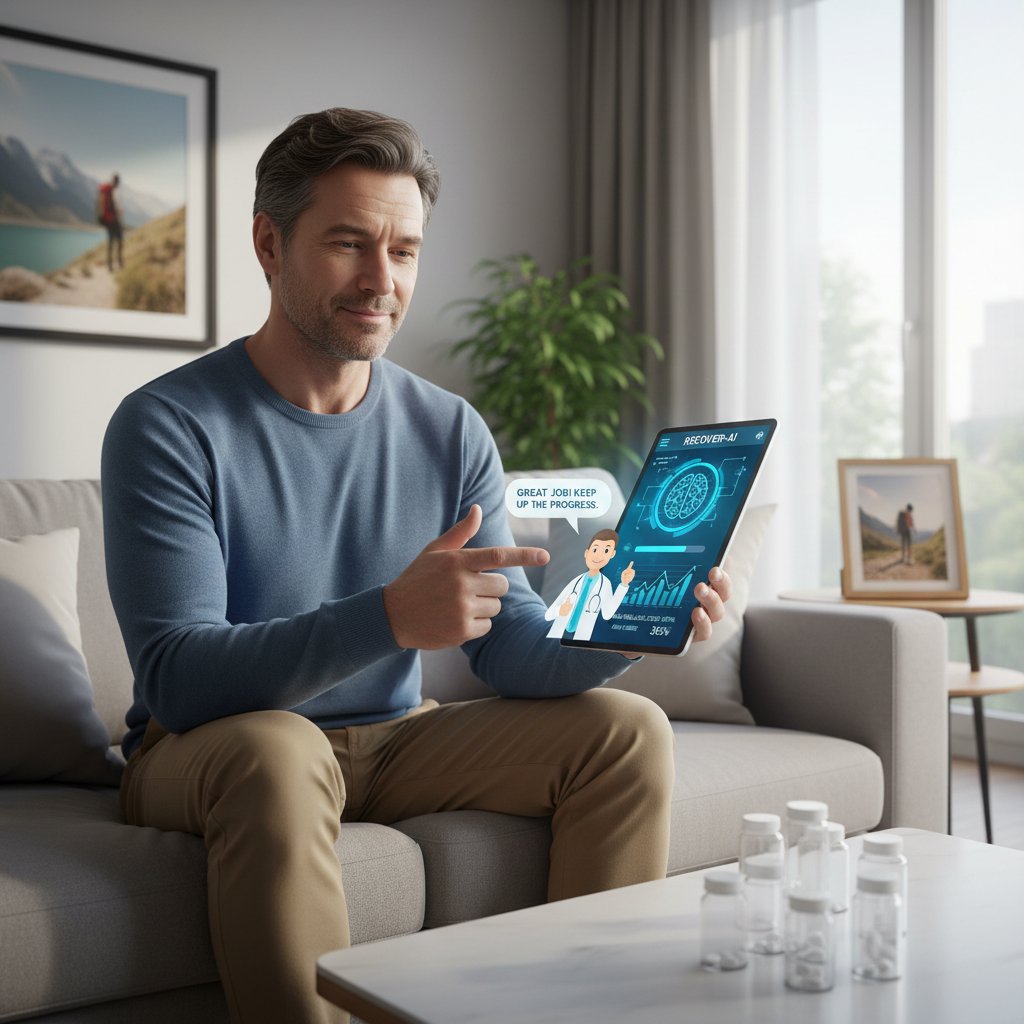 Osoba korzystająca z aplikacji medycznej na AI – cyfrowe wsparcie w uzależnieniu